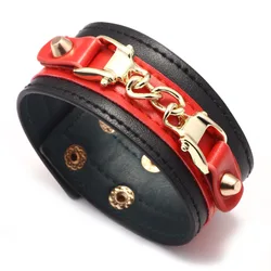 Kirykle Punk Wide Leather Bracelet for Women Red Black Leather Stitching Charm Bracelet Metal RivetsChain Bangles for Women Gift