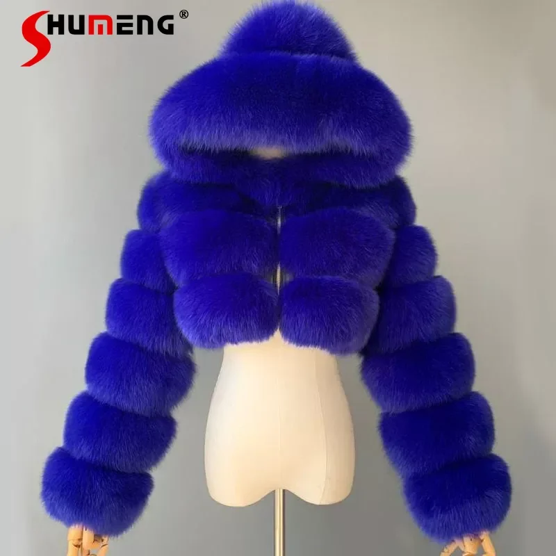 European and American Orange Imitation Fox Fur Hooded Coats Woman Stitching Long Sleeve Pink Fluffy Jacket Commute Faux Fur Coat