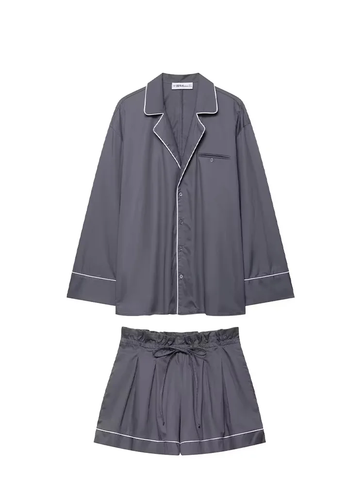 

HH женские модные однобортные рубашки с лацканами и карманами с длинными рукавами + свободные шорты из поплина с эластичной резинкой на талии