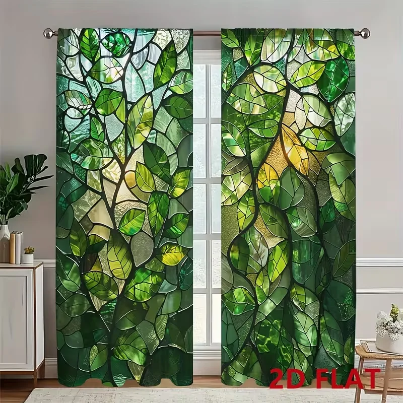 

2pcs Stained Glass Green Leaves Print Polyester Curtains, Rod Pocket Blackout Thermal Drapes for Bedroom Living Room
