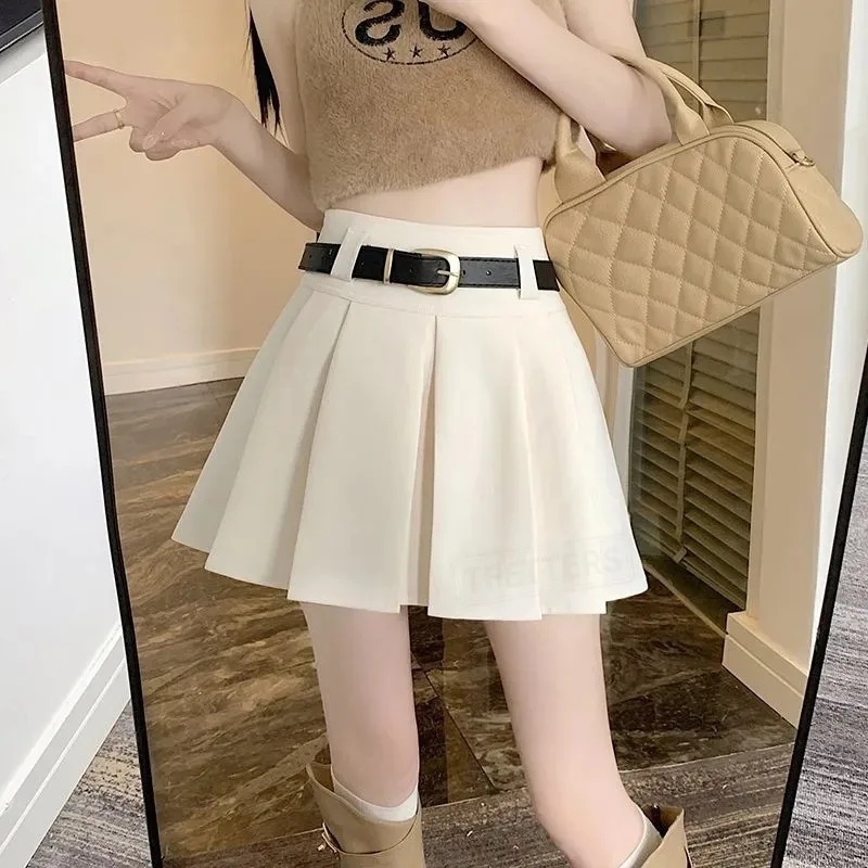 TFETTERS Women High Waist Pleated Mini Skirt Spring Summer Preppy Style A Line Short Skirt with Belt Casual Grey Skater Skirt