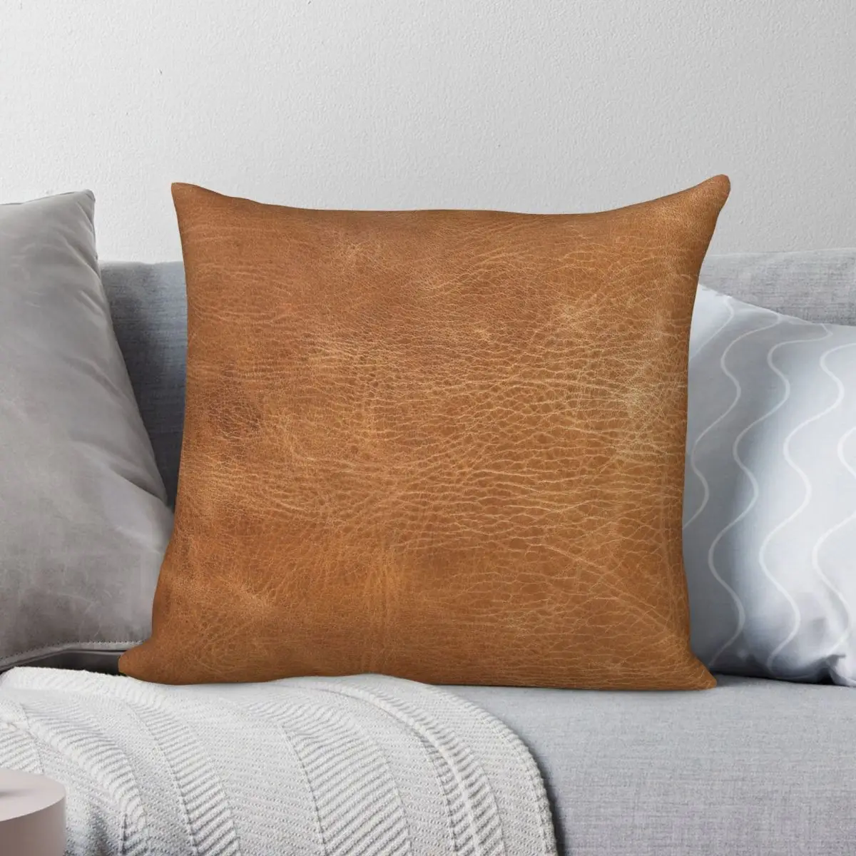 

Light Brown Leather Design Square Pillowcase Polyester Linen Velvet Creative Zip Decorative Pillow Case Home Cushion Cover