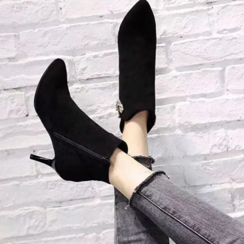 Women's Ankle Boots Sexy Pointed Toe Booties Black Female Short Shoes Very High Heels Heeled on Offer Autumn Chic and Elegant Pu