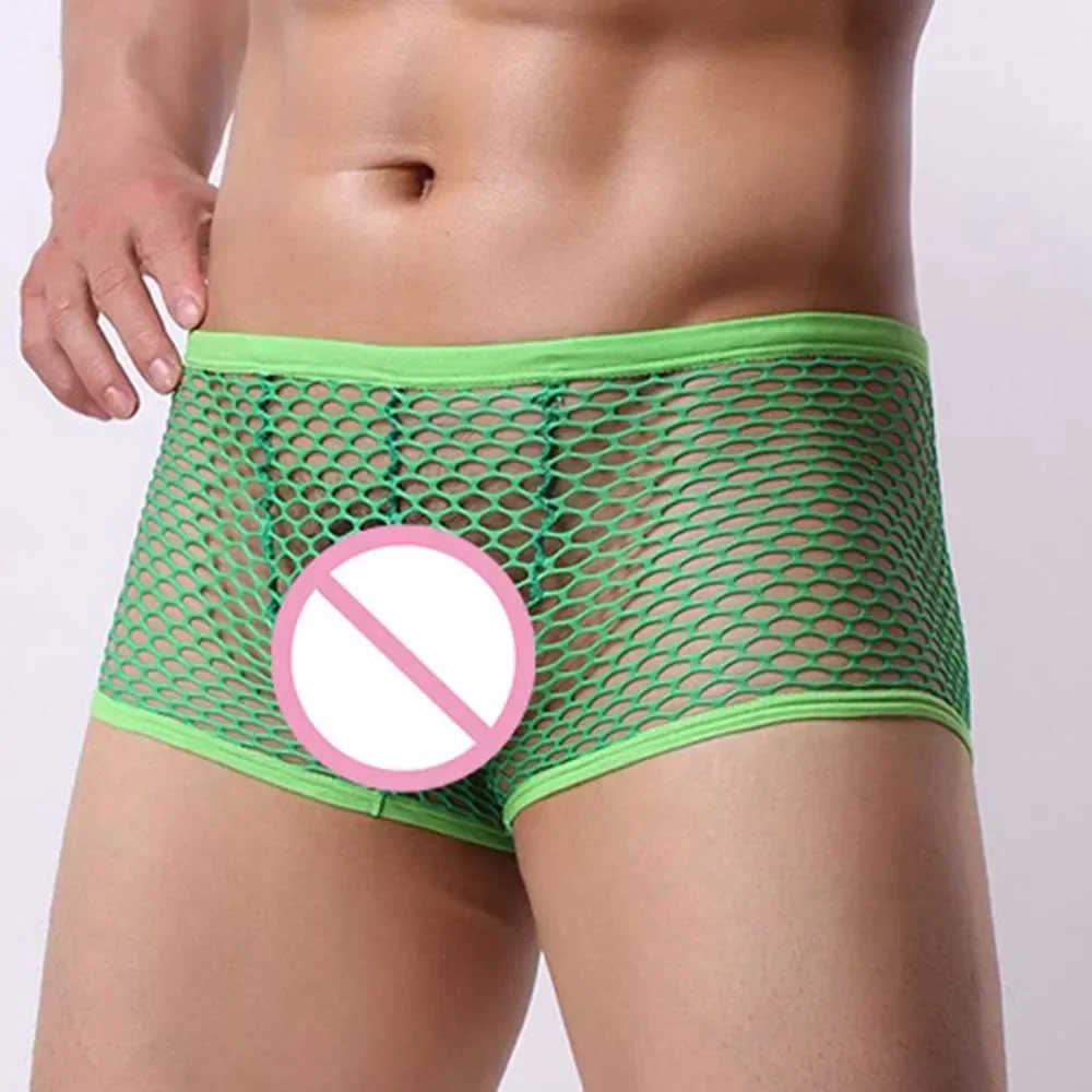 Men\'s Sexy Lingerie Fishnets Adult Male Underwear See-through Boxer Briefs Sheer Mesh Hollow Shorts Underpants Boxershorts