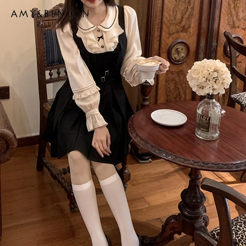 French Casual Style Autumn White Lotus Leaf Collar Long Sleeves Shirt With Black Waist and Thin A Line Strap Skirt Suit For Girl