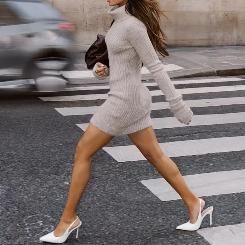 

Трикотажное платье с высоким воротником, облегающее и облегающее, облегающее бедра платье с длинными рукавами, платье миди на эластичной основе в стиле ретро.