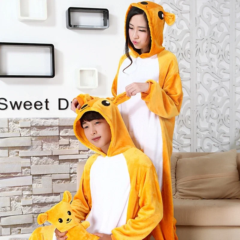 Kangaroo Kigurumi Onesie for Adult Pajamas Women Men Flannel Winter Warm Overalls Animal Cosplay Costumes Party Jumpsuit