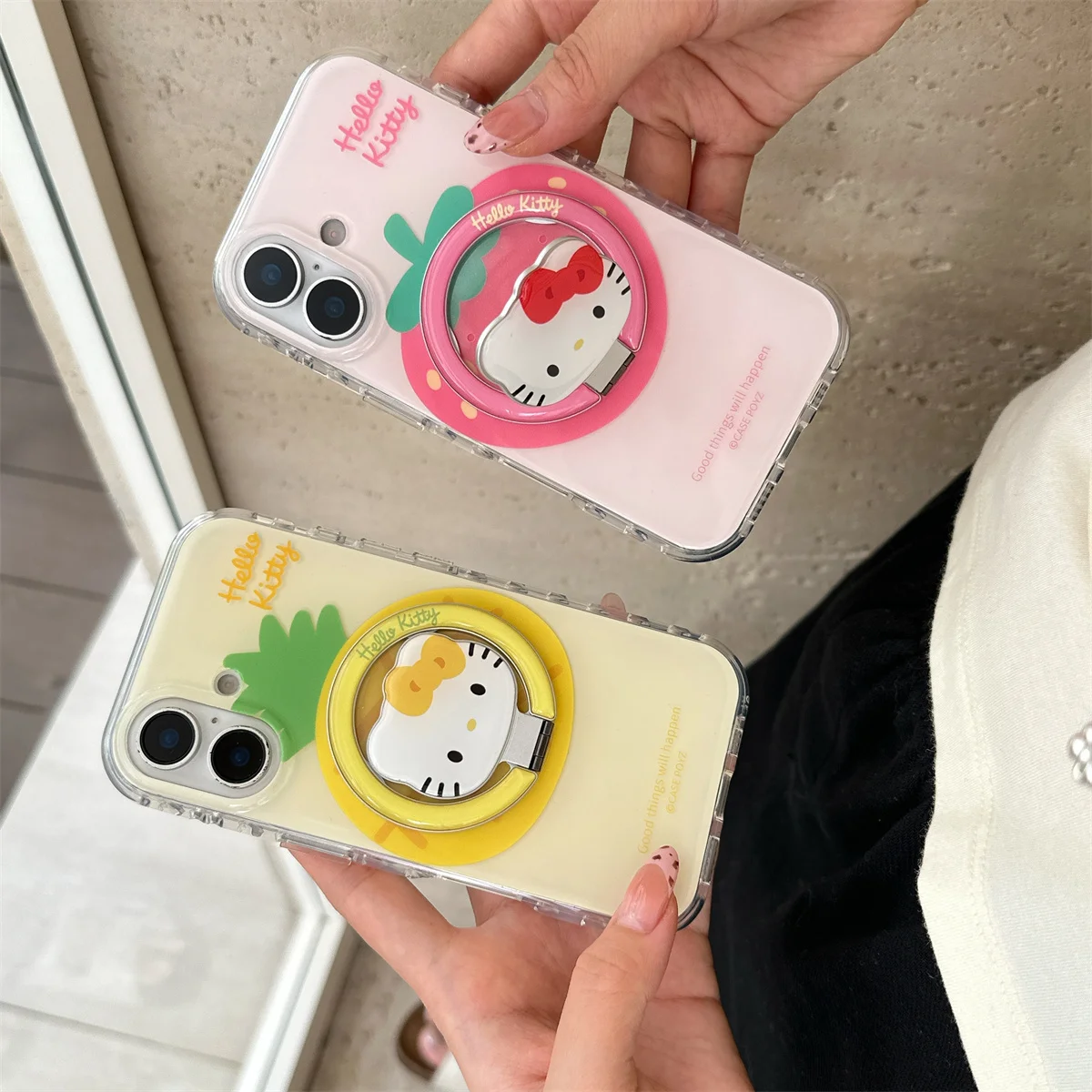

Korean Cute Pink Strawberry Magnetic Phone Case For iPhone 16 Pro 15 14 Pro Max Cover with Hellokitty Stand Shockproof Cases