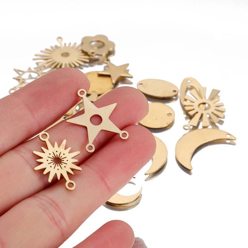 6-50Pcs Raw Brass Celestial Sun Flower Charms Moon Crescent Star Pendant For Earring Connector Witch Necklace DIY Jewelry Making