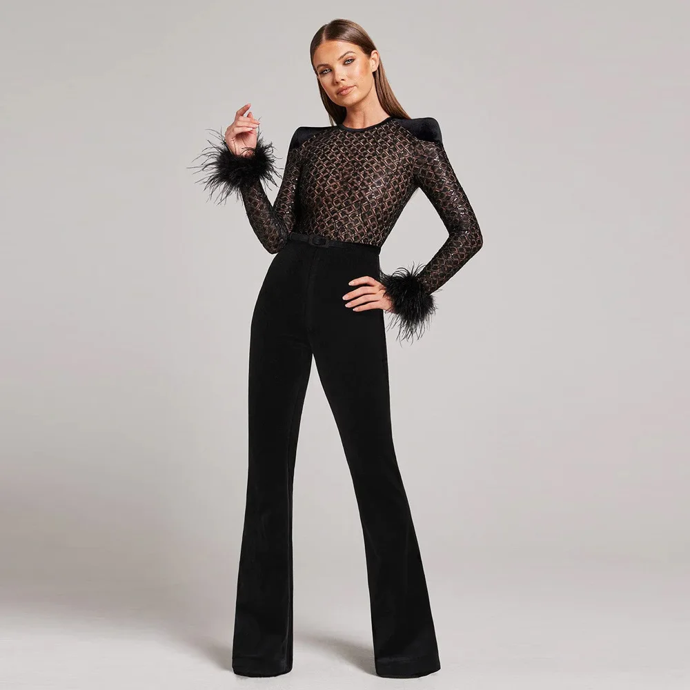 

Ostrich Feather Prom Party Dress Women's Jumpsuit With Belt Shiny Sequins Black Evening Dress Full Sleeve Robe De Mariée Vestido