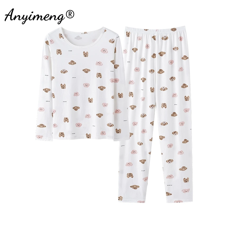 Kawaii Faux Cotton Cartoon Pajamas Set Women Long Sleeves Nightwear Autumn Spring Young Lady Sleepwear Slim Underwear for Girl