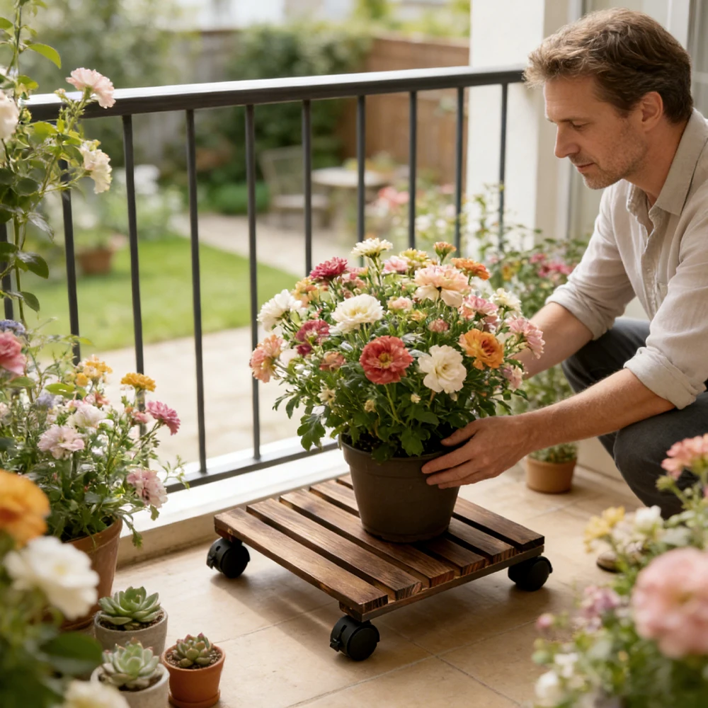 Heavy Duty Wooden Plant Caddy with Lockable Universal Wheels - Waterproof Rolling Flower Pot Stand for Indoor/Outdoor Use