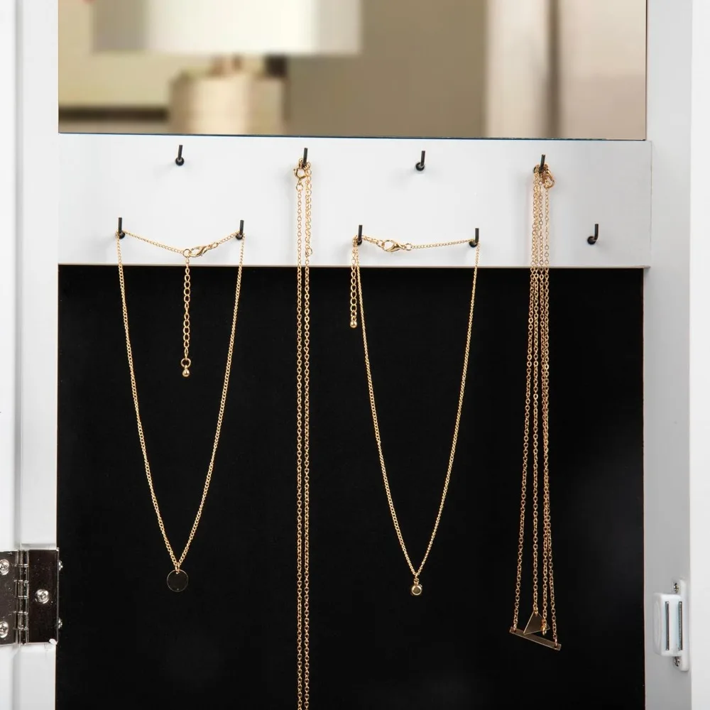 Jóias Organizador com Corpo Inteiro Espelho, Mind Reader, Armório de Armazenamento, Wall Mount, Madeira, Branco, 12,5 polegadas, L x 3,5 polegadas, W x 43,5 polegadas, H