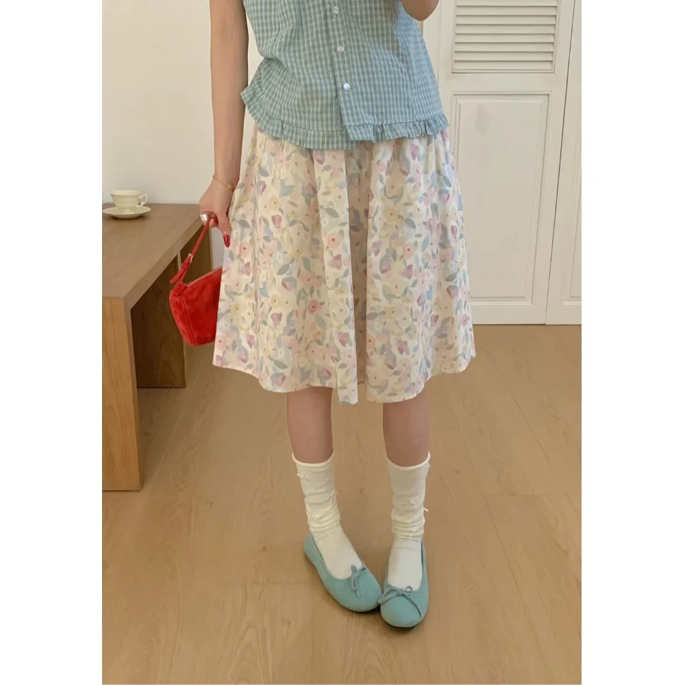 Summer 2026 New Sweet Cream Floral Elastic Waist A-Line  Skirt Girls Large Skirt Slimming Umbrella Skirt Women's Cotton E...