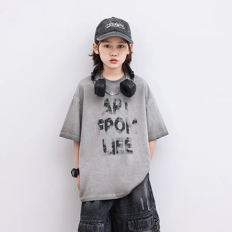 

New Kids Designer Summer Airbrush Letter T-shirt for Tweens Boy Fashion Short Sleeve Tee Tops Gray Color Child Cotton Tshirt