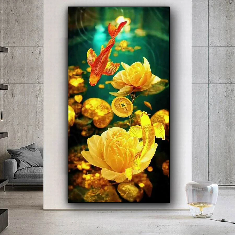 Gold Coin Yellow Flower New Diamond Painting Large Size Golden Floral 5d Diy Full Mosaic Embroidery Carp Picture Wall Decor