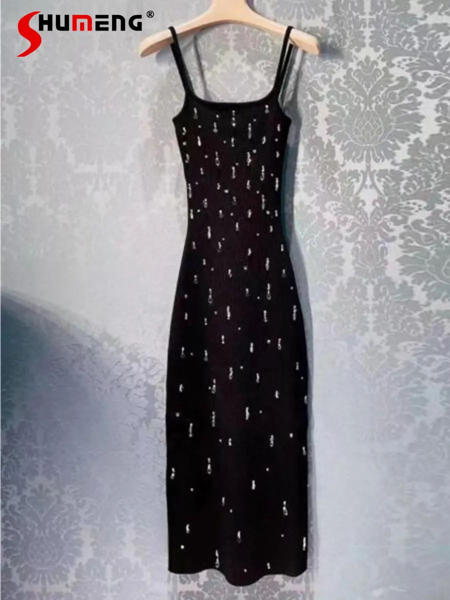 

Early Spring 2023 New Fashion Elegant Long Knitted Hip Dress French Style Romantic Trendy Beads Diamond Long Strap Dress