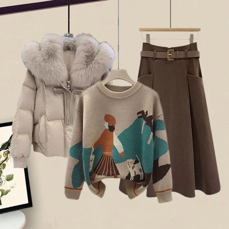 

Утепленный хлопковый вязаный свитер и юбка с высокой талией для женщин, осенне-зимний комплект для повседневной носки и офиса