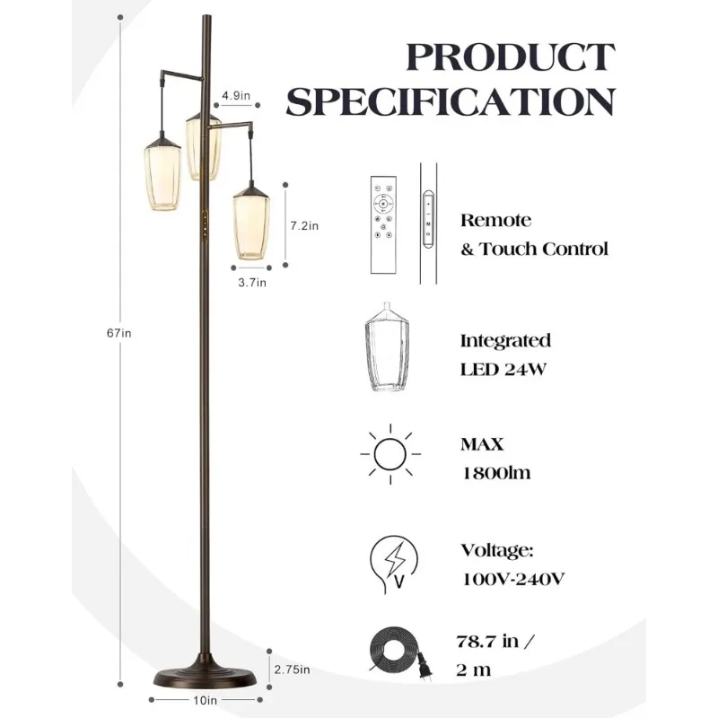 Rustic Dimmable Floor Lamp for Bedroom, 24W LED Reading Light Remote & Touch Control, Stepless Adjustable 2200K-6500K Colors