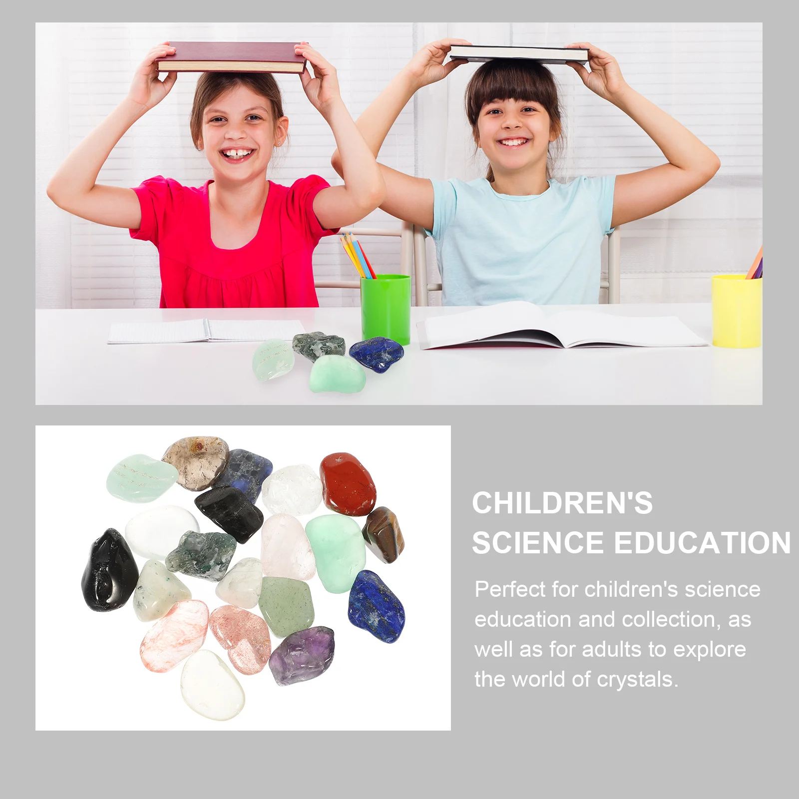 กล่องคริสตัลหินกึ่งมีค่า 1 กล่อง ตัวอย่างหินแร่ธรรมชาติขัดเงา สำหรับการศึกษาทางวิทยาศาสตร์และการสอน