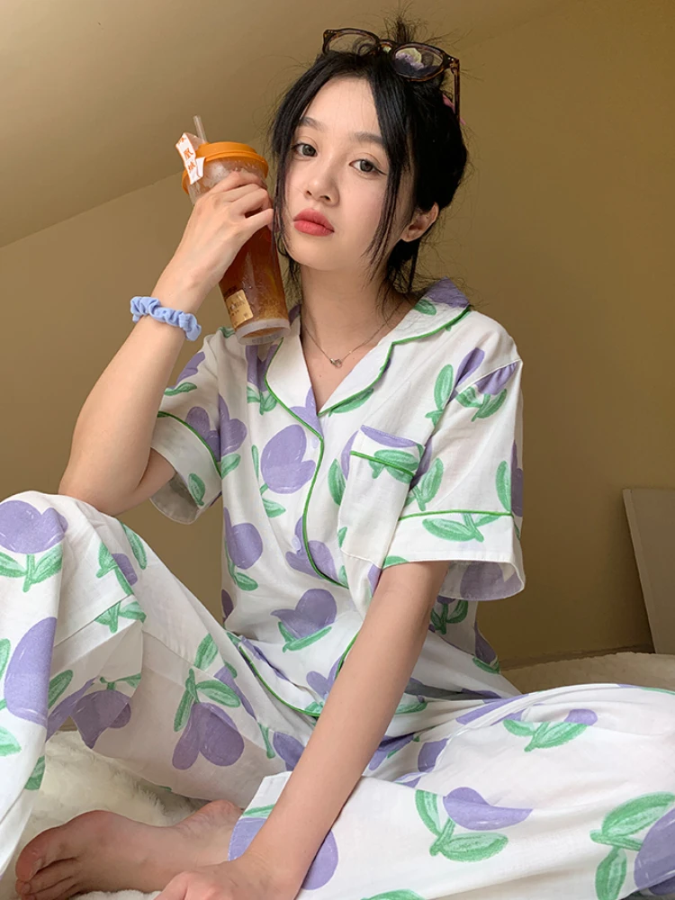 

Purple Flower-print Pajama Sets Women Summer Cozy Student Ulzzang Baggy Casual Fashion Simple Young Chic All-match Home Wear Ins