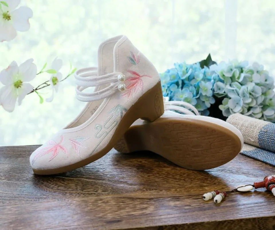 Women Ankle Button Strap Pumps Ethnic Embroidery Mary Jane Dress Shoes Mid Heel Cotton Fabric Espadrilles Vintage Sandals