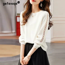 Women Stylish Hollow Out Lace Patchwork Black White Elegant T-shirt Casual O Neck Long Sleeve Loose Pullover Tops Ropa De Mujer