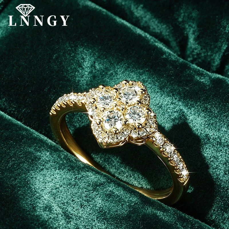 Lnngy Full Moissanite Engagement Ring for Women Sparkling Lab Diamond Classic Four Leaf Flower Stackable Ring Jewelry Gift