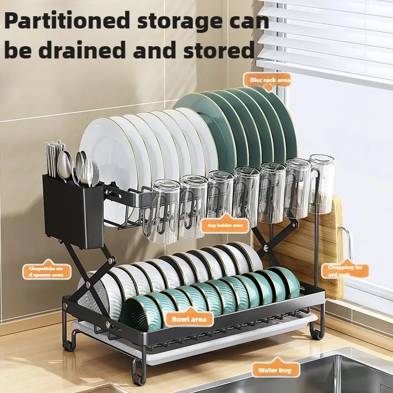 Foldable 2-Tier Dish Storage Rack Kitchen Counter Organizer with Drain Tray for Plates Utensils Cutlery Compact Dish