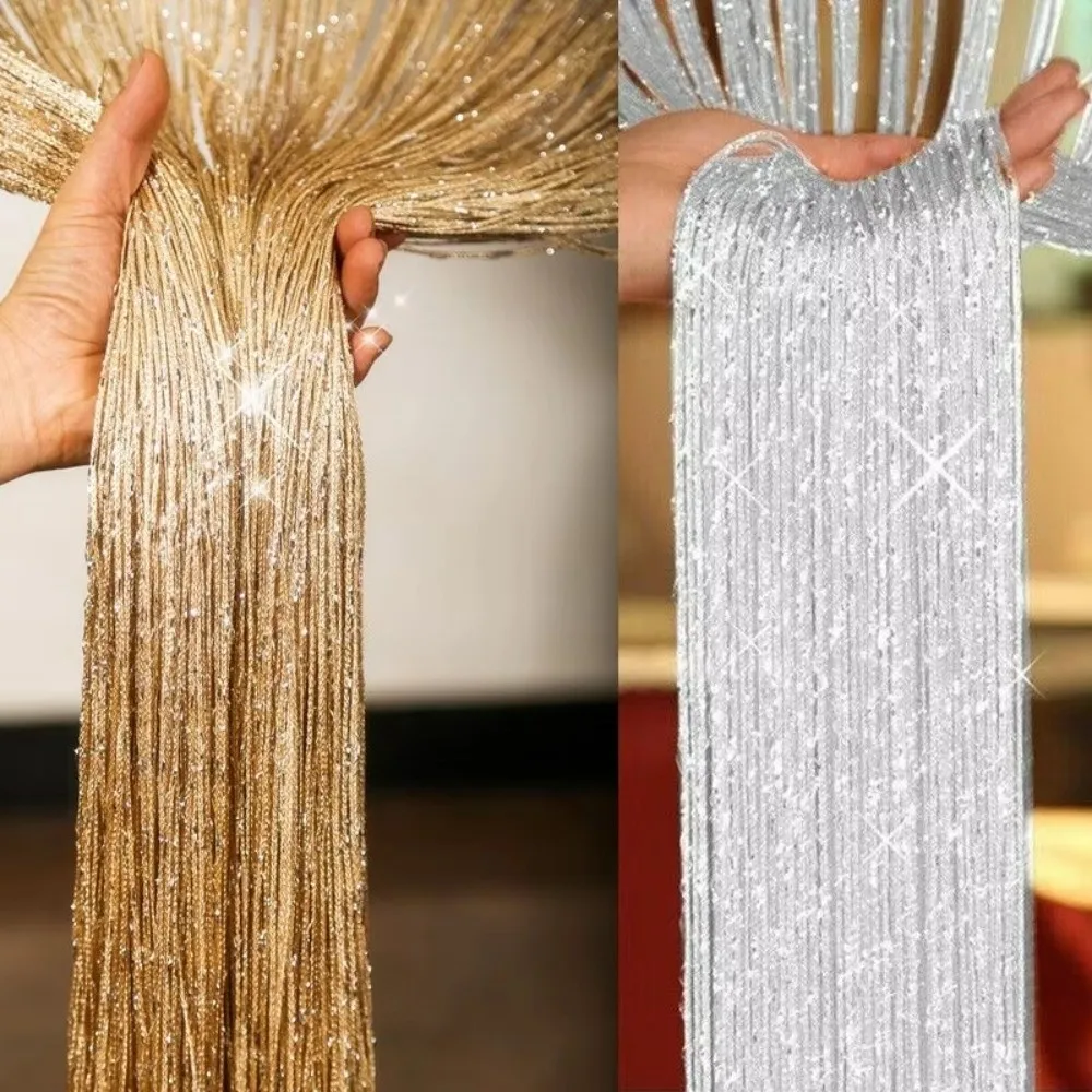 New 100x200cm Door String Curtain Glitter Flash Line Tassel Curtain Straight Line Shiny Curtain Valance Window