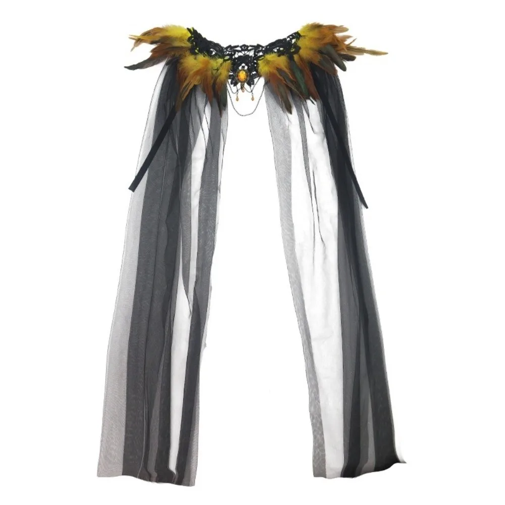 Black Halloween Feather Cloak Elegant Fur Collar Hollow Lace Mesh Cape Mesh Fringe Flowing Festival Costume Cape