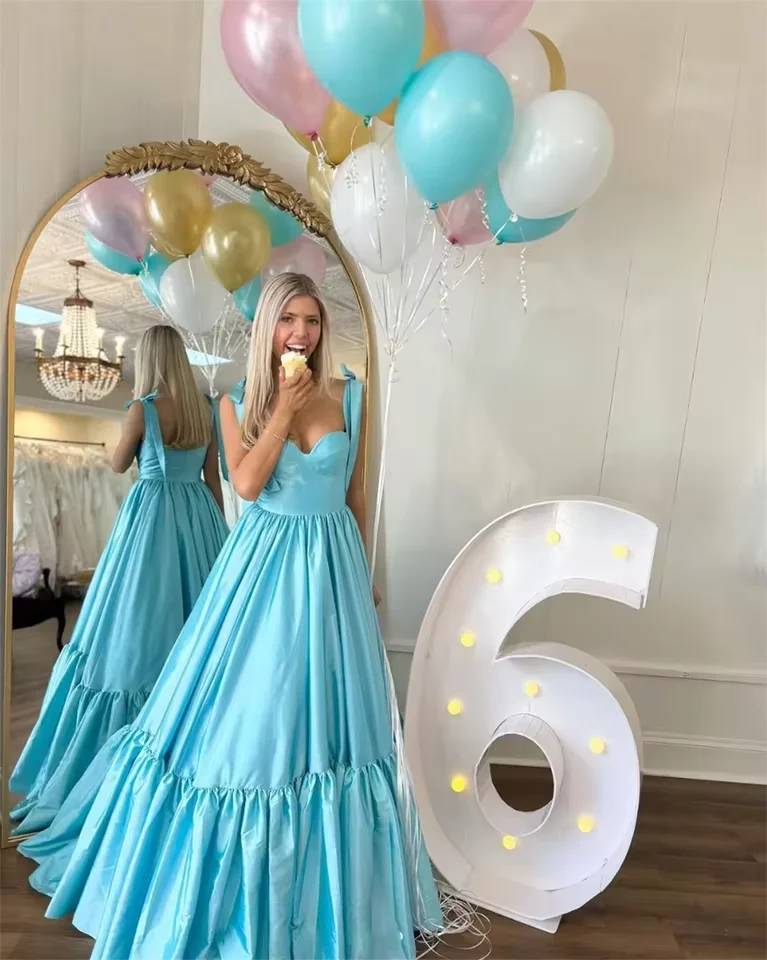 Robe de fête d'anniversaire personnalisée, sans bretelles, avec nœud papillon, robe de remise de diplôme, ligne a en Satin bleu, robes de soirée formelles