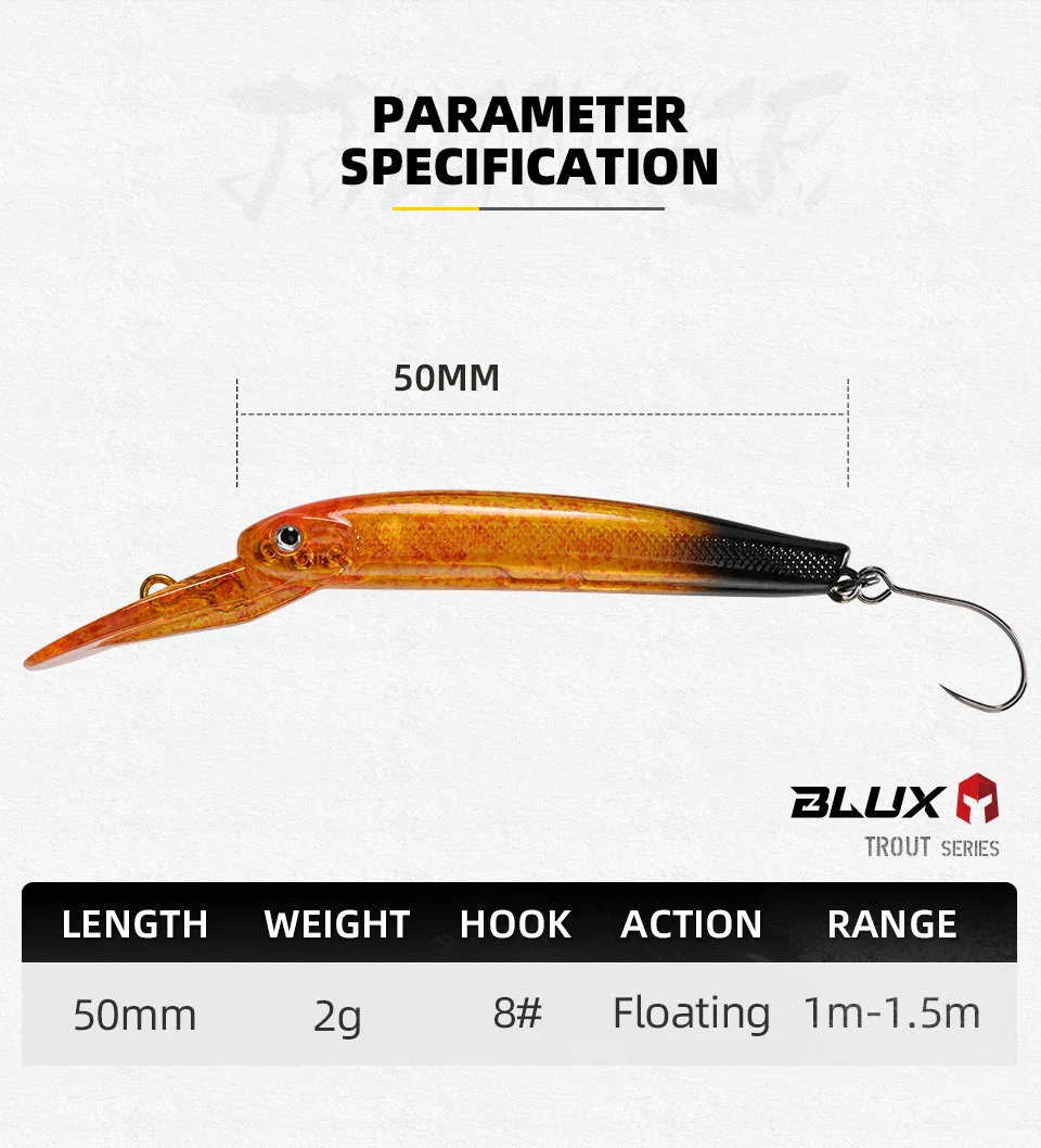 BLUX Trout Player 50mm 2g Schwimmender Slim Minnow Wobbler Angelköder Süßwasser-Crankbait Künstlicher Harter Köder Forellen-Angelzubehör – Detail 2