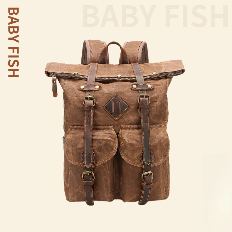 

Retro waterproof crazy horse leather patchwork canvas backpack, retro aged large-capacity multi-pocket travel backpack