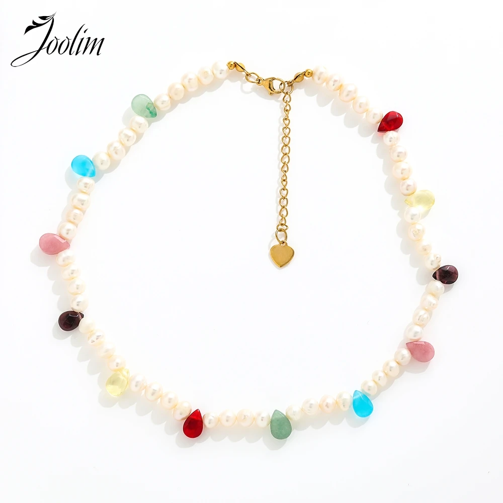 

Joolim Jewelry Wholesale Summer Elegant Fashion Love Natural Stone Freshwater Pearl Drop Stainless Steel Necklace for Women