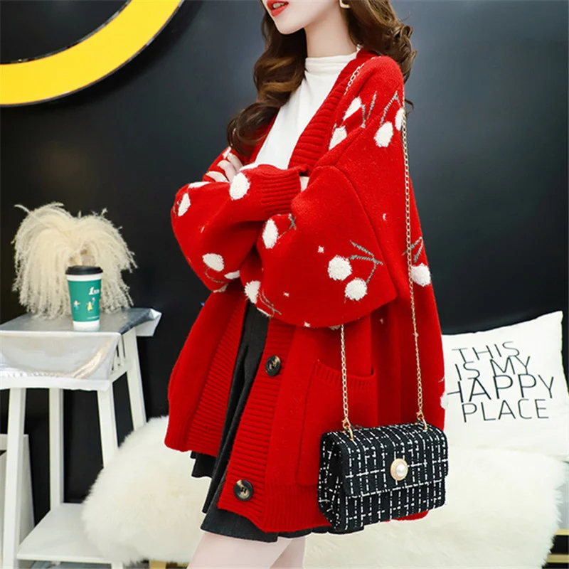 Autumn Winter V-Neck Long Sleeve Sweater Cardigan Women Jacket Coat Loose Thick Warm Knitwear Cherry Embroidery Knitted Cardigan