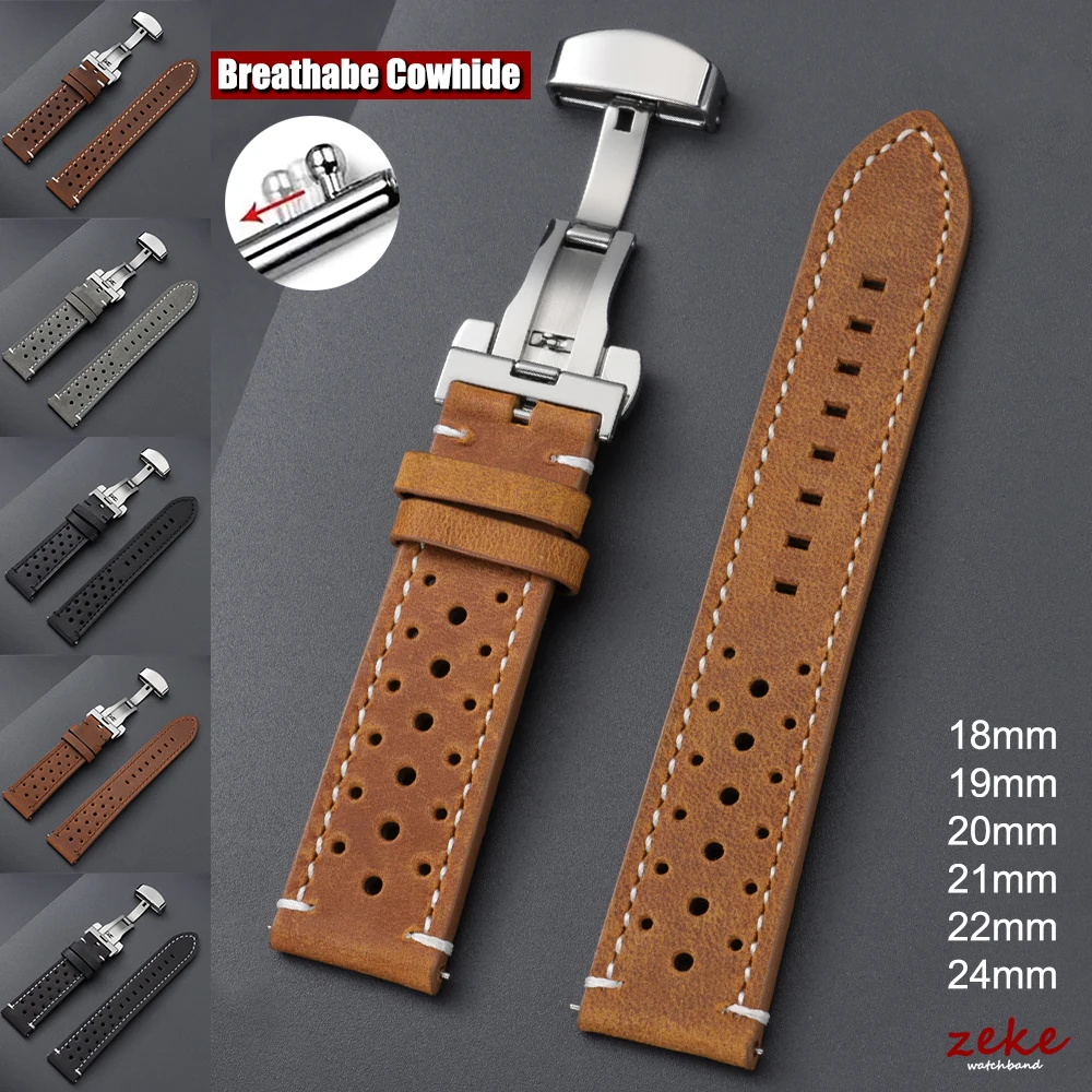 18/19/20/21/22/24mm Vintage Crazy Horse Top Grain Leather Watch Strap Sport Breathable Cowhide WatchBand Quick Release Bracelet