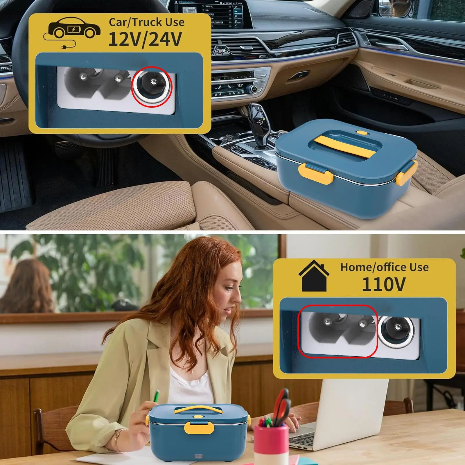 Aquecedor elétrico de alimentos para lancheira - 2 compartimentos, 80 W portátil, 12 V/24 V/110 V para trabalho/carro/caminhão, recipiente 304 SS removível de 1,5 L