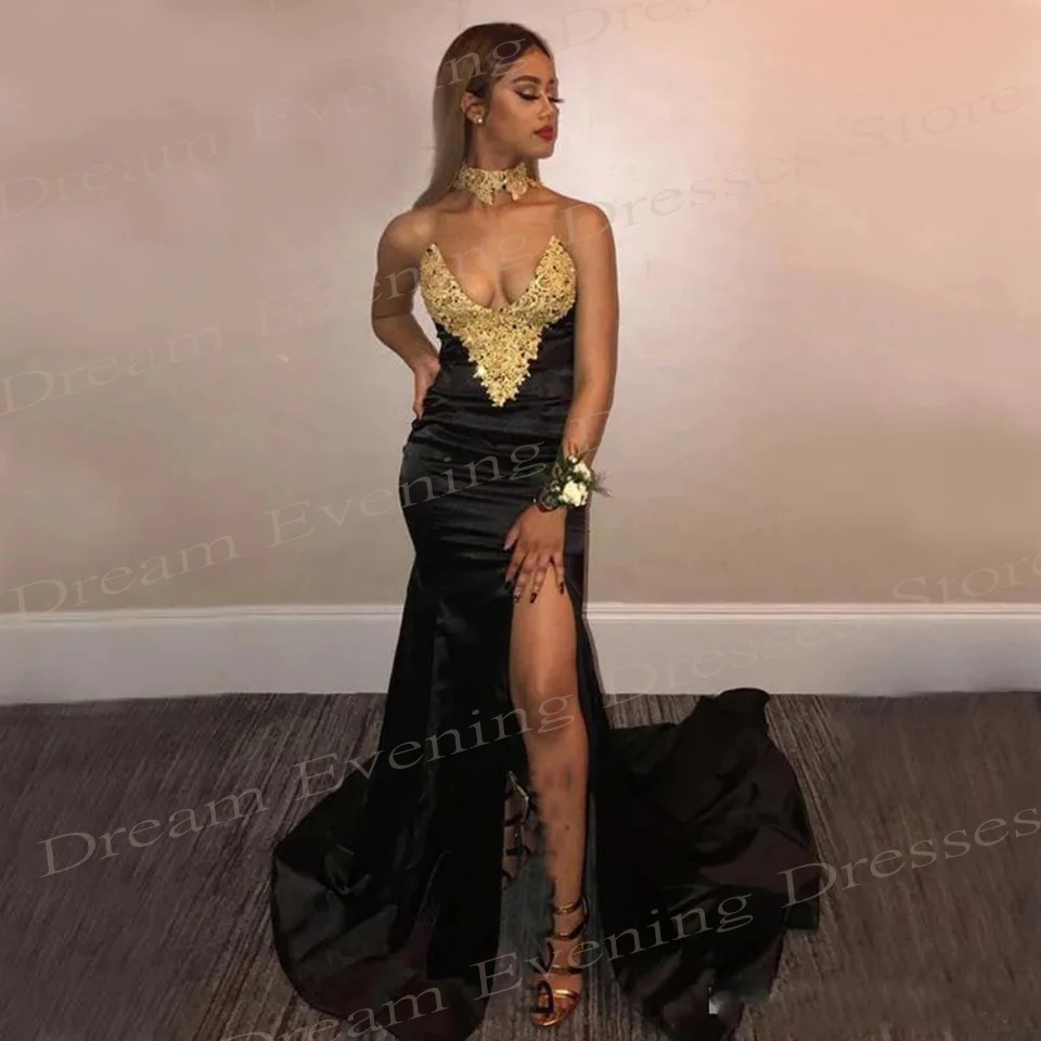 

2024 Sexy Classic Black Women's Mermaid Modern Evening Dresses Charming Sleeveless Prom Gowns Appliques High Side Split Vestidos