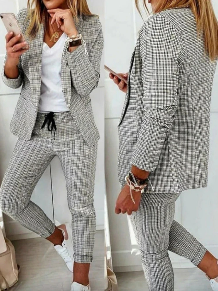 Woman Elegant Plaid Shirt Suit Long Sleeve Tops Blazer Trouses 2PCS Female Fashion OL Office Tracksuits Oversized