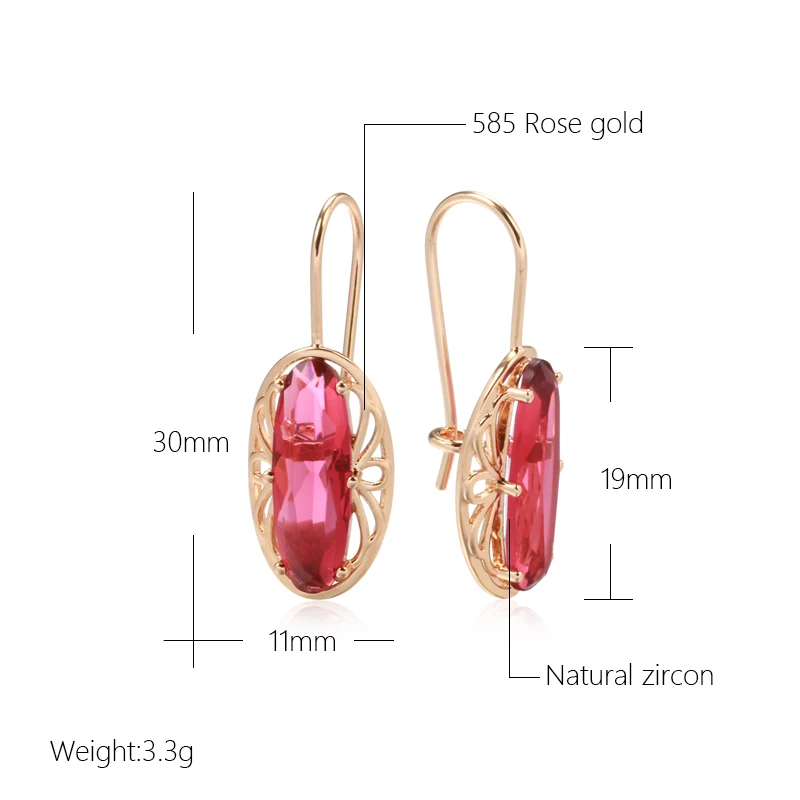 Kinel New Long Oval Red Natural Zircon Drop Earrings Fashion 585 Rose Gold Color Women Hollow Flower Earrings Vintage Jewelry