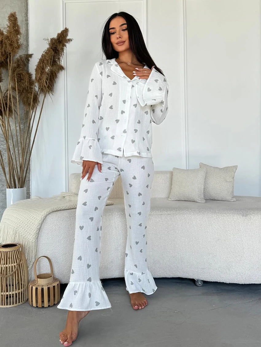 Marthaqiqi Cotton Women Nightwear Suit Long Sleeve Pajamas Turn-Down Collar Nightie Crop Top Sleepwear Pants Loose Nightgown Set