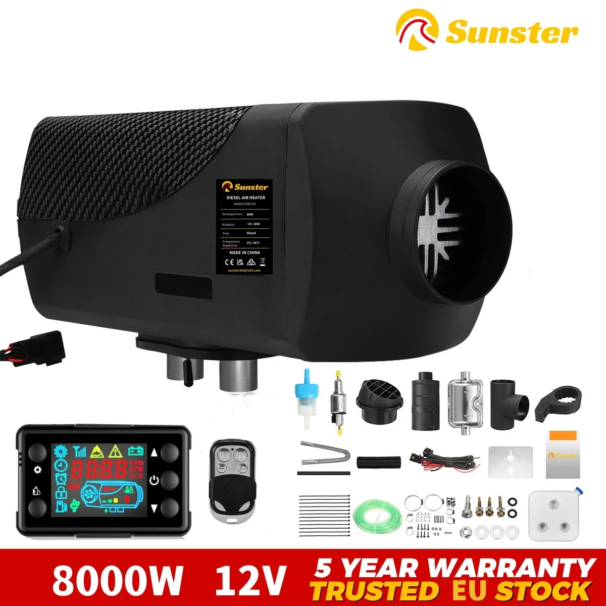 Diesel Air Heater 8KW 12V 24V Car Heater with Remote Control and LCD Thermostat Monitor for Cars Trucks RVs Boats Buses