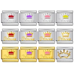 Delicate Bracelets For Gift Red Purple Pink Yellow Crown Italian Links Fit 9mm Charm Stainless Steel Fashion Jewelry DIY Making