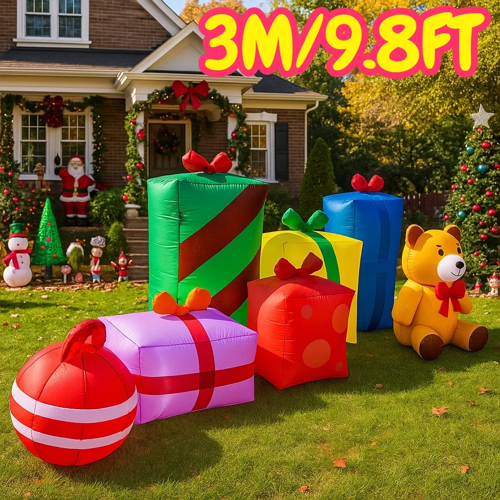 9.8FT عيد الميلاد في الهواء الطلق لعبة حفلة زينة عيد الميلاد نفخ سانتا كلوز علب الهدايا اللعب ساحة المنزل الحلي LED ديكور
