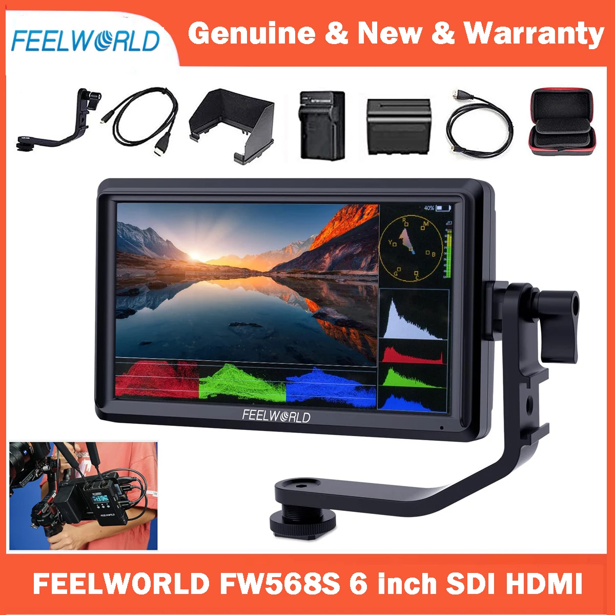 

FEELWORLD FW568S 6 Inch FHD On Camera Video Monitor IPS 1920X1080 3G-SDI 4K HDMI Input Output F970 External Power Install Kit