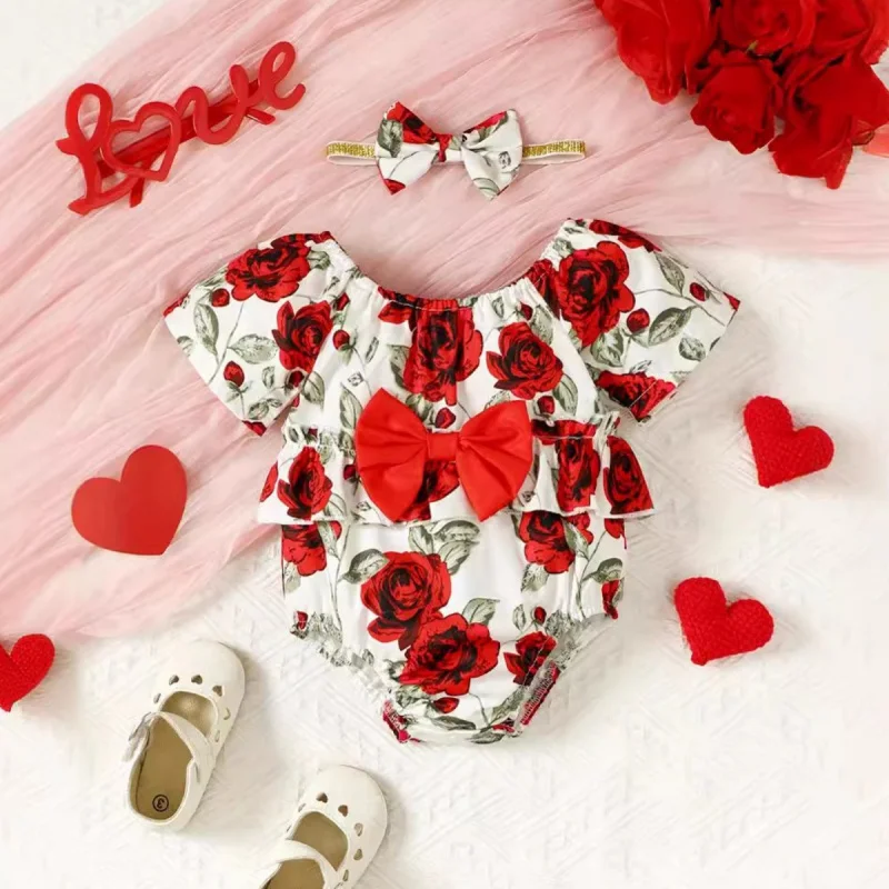 

Baby Girls Sweet Bodysuits With Chic Bow-tie Headband Summer Crawl Jumpsuits for Toddlers Newborn Ruffle Design Princess Rompers