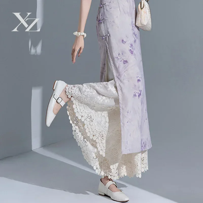 Premium Embroidered Lace High Waist Long Pants Polyester Cotton Blend Stretchy Comfortable Skirt