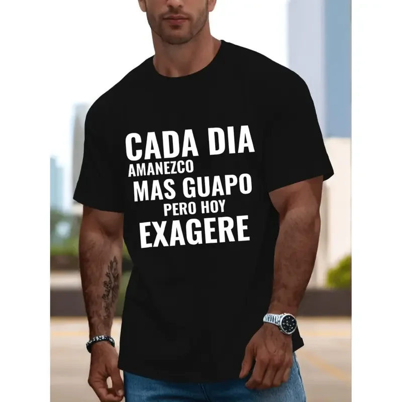 Men's Graphic T-Shirt Casual Everyday 100% Cotton Soft Breathable Lightweight Tee with Funny Spanish 'Cad Día Amazezco Guapo' Print, Relaxed Loose-Fitting Short Sleeve Crewneck Top for Summer, Machine Washable, Available in 3XL