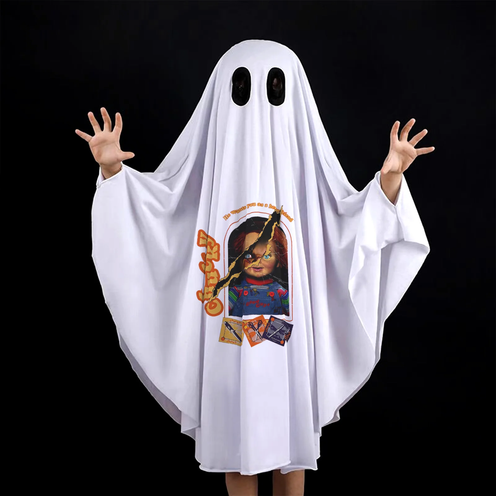 

Chucky Cute Kids Halloween Horror Cloak Cape Anime No Face Cosplay Costumes Ghost White Tassels Cloak Unisex Halloween Costume